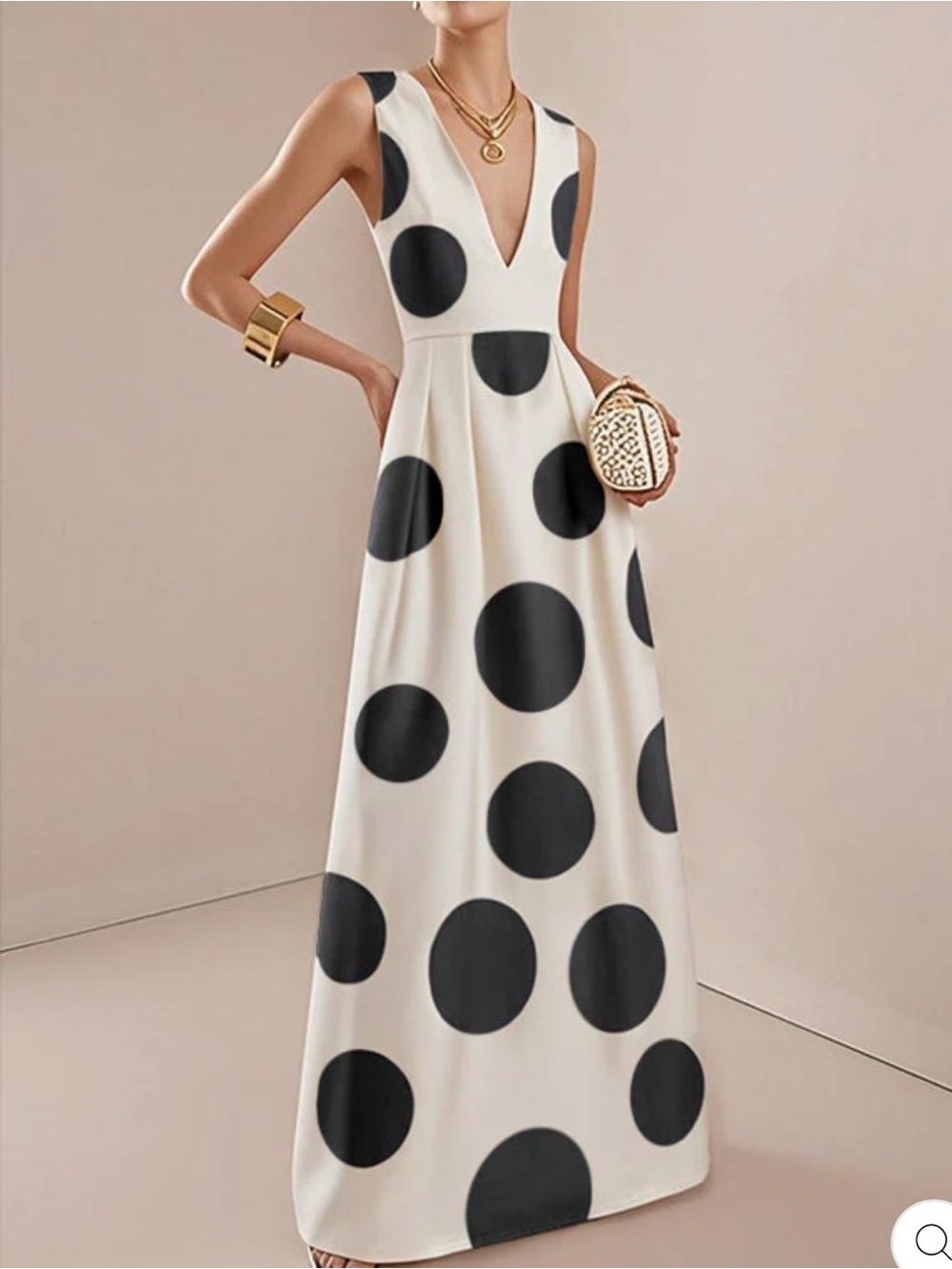V-Neck White Maxi Dress with Black Polka Dots